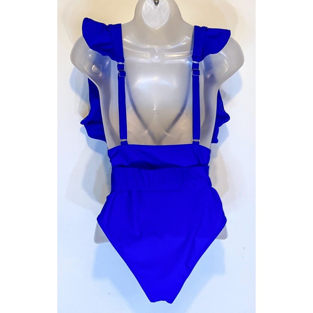 Shein One Piece Swimsuit LG Royal Blue Belted Ruffles High Cut Vacation Sexy - Picture 6 of 6